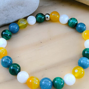 Bracelet apaisant en apatite, malachite, nacre et agate pour le stress et les douleurs.