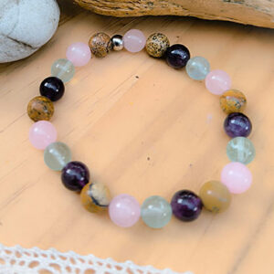 Bracelet apaisant en jaspe paysage, fluorite, améthyste et quartz rose pour digestion et sommeil.