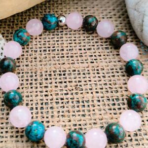 Bracelet "Le Philosophe" en chrysocolle et quartz rose pour confiance et ouverture.